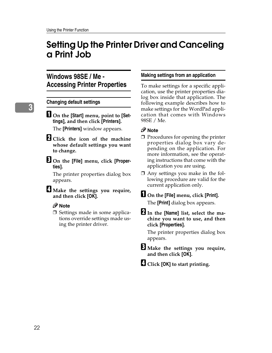 Windows 98se / me - accessing printer properties, Changing default settings, Making settings from an application | Ricoh Printer/Scanner User Manual | Page 28 / 56