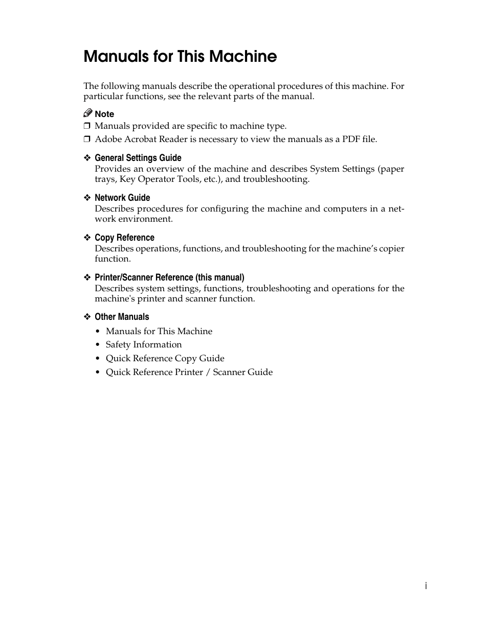 Manuals for this machine | Ricoh Printer/Scanner User Manual | Page 3 / 56