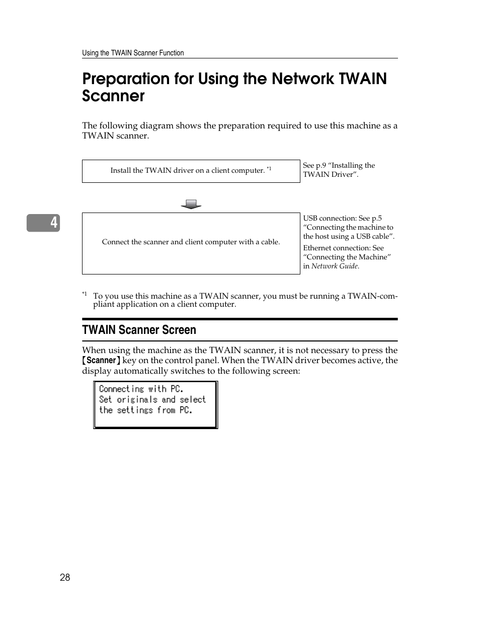 Preparation for using the network twain scanner, Twain scanner screen, 4preparation for using the network twain scanner | Ricoh Printer/Scanner User Manual | Page 34 / 56