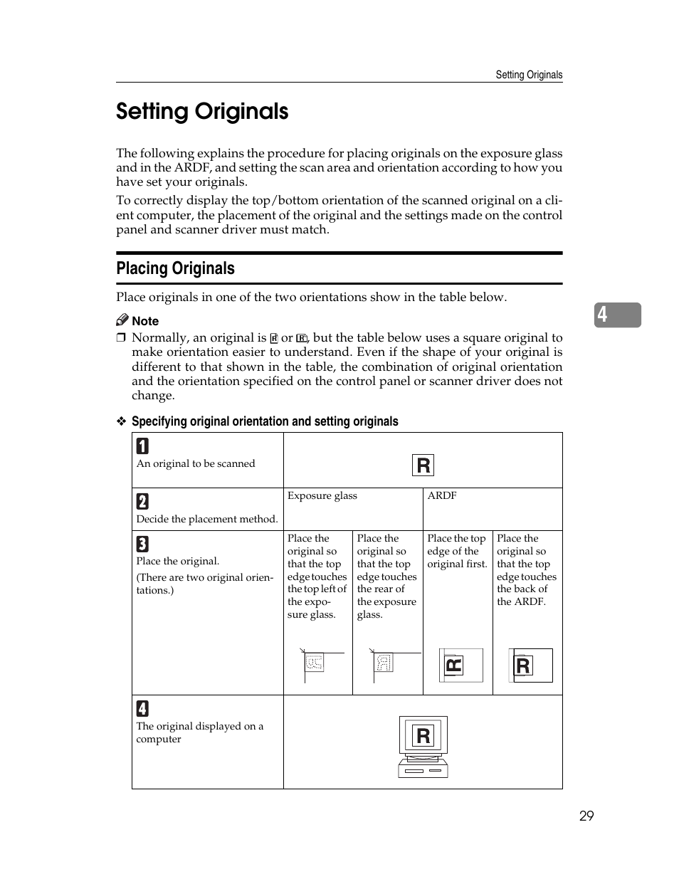 Setting originals, Placing originals, 4setting originals | Ricoh Printer/Scanner User Manual | Page 35 / 56