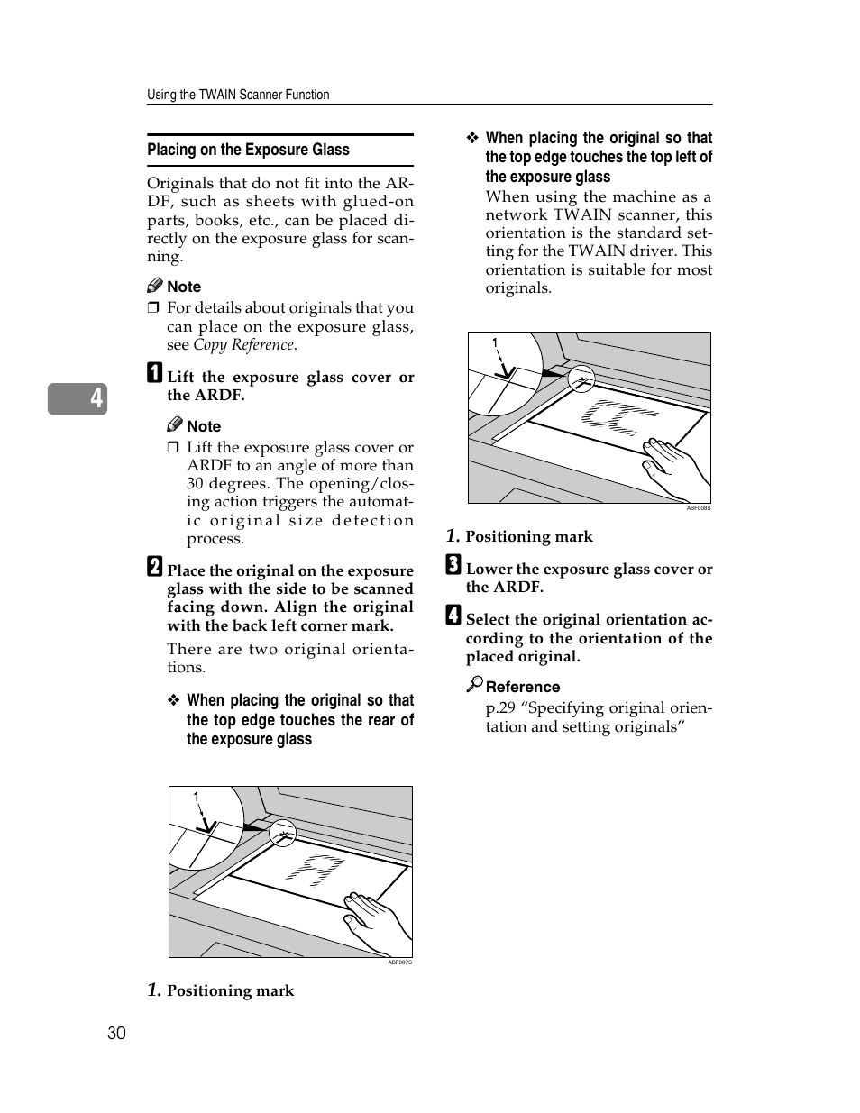 Placing on the exposure glass | Ricoh Printer/Scanner User Manual | Page 36 / 56
