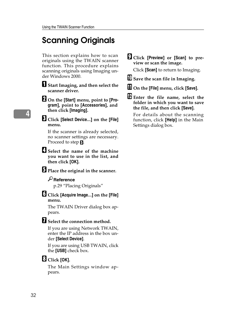 Scanning originals, 4scanning originals | Ricoh Printer/Scanner User Manual | Page 38 / 56