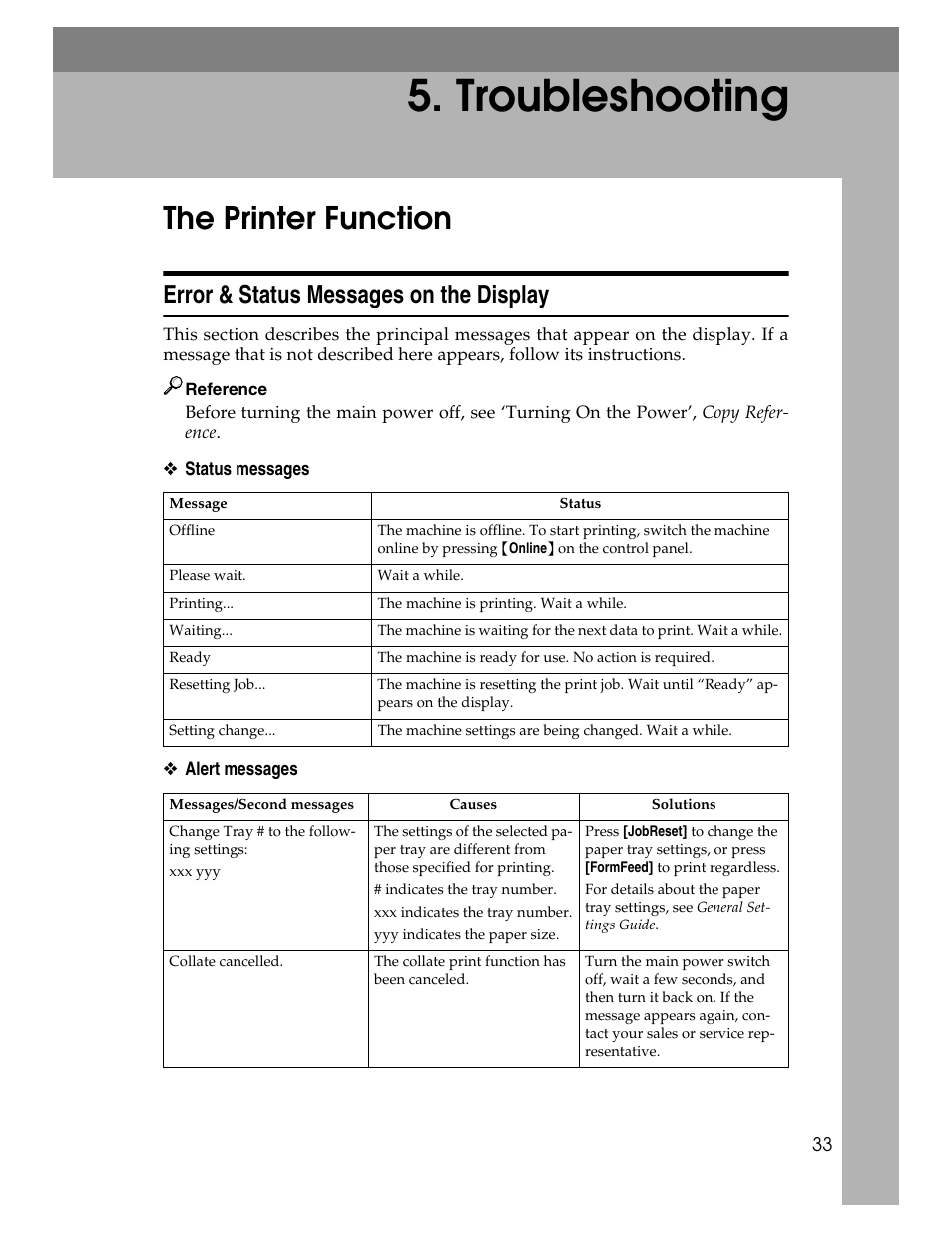 Troubleshooting, The printer function, Error & status messages on the display | Ricoh Printer/Scanner User Manual | Page 39 / 56