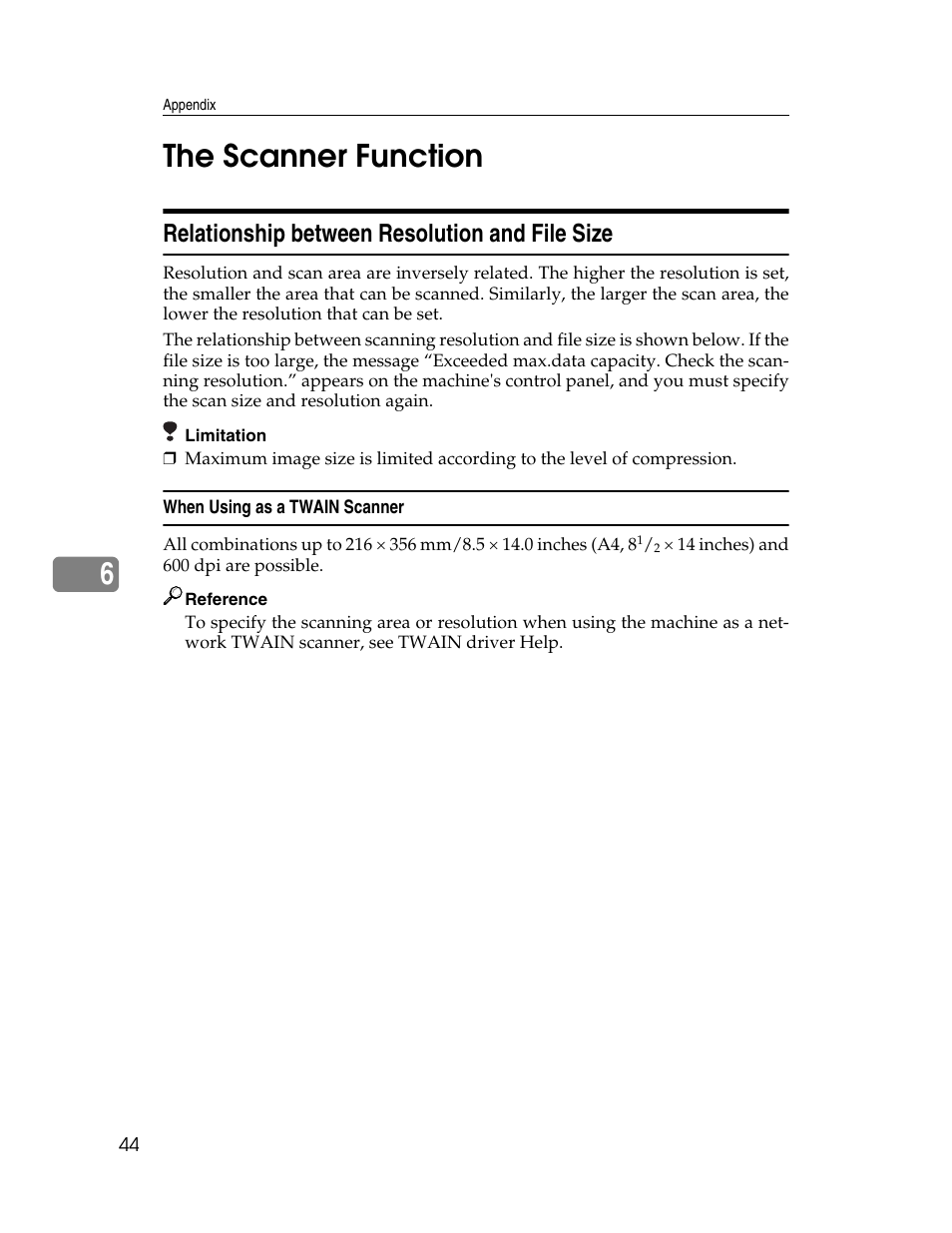 The scanner function, Relationship between resolution and file size, When using as a twain scanner | 6the scanner function | Ricoh Printer/Scanner User Manual | Page 50 / 56