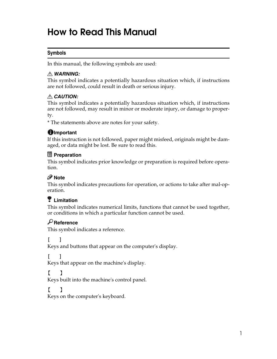 How to read this manual, Symbols | Ricoh Printer/Scanner User Manual | Page 7 / 56