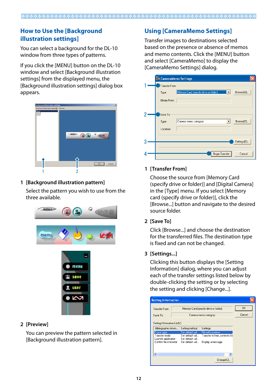 How to use the [background illustration settings, Using [cameramemo settings, Gp.12 | Gp.12) | Ricoh G700SE User Manual | Page 12 / 50