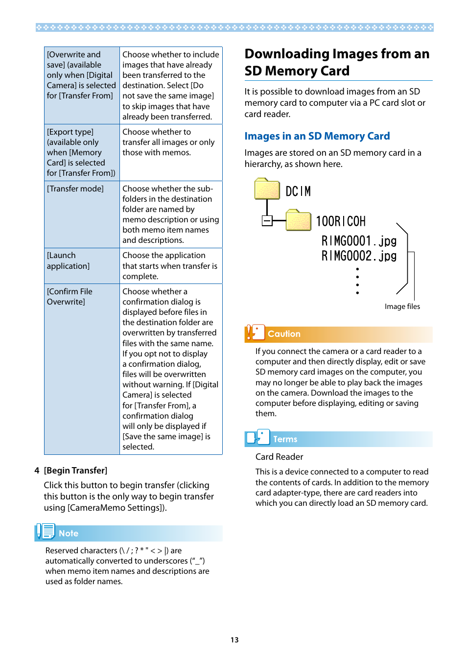 Downloading images from an sd memory card, Images in an sd memory card | Ricoh G700SE User Manual | Page 13 / 50