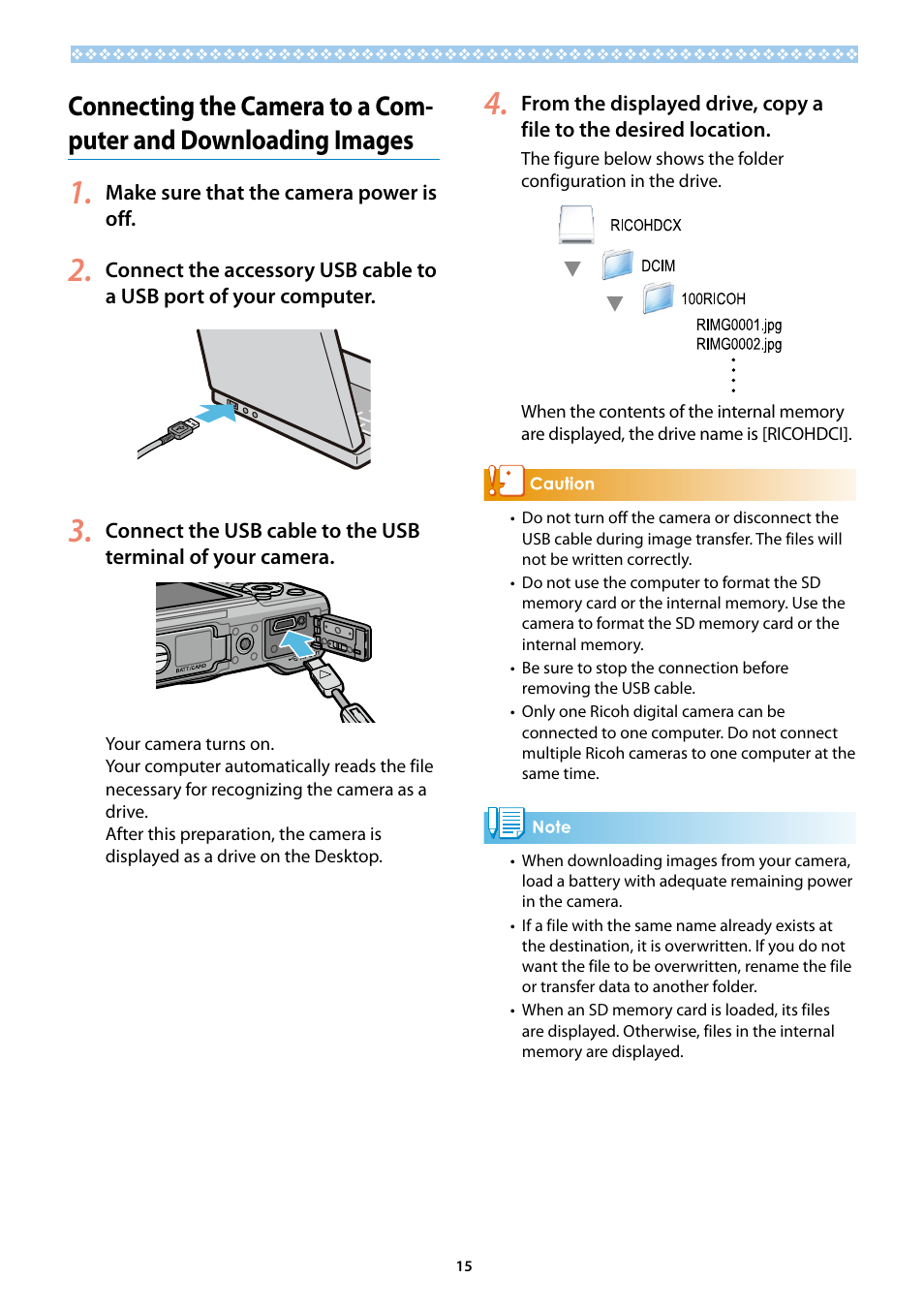 Connecting the camera to a computer and, Downloading images | Ricoh G700SE User Manual | Page 15 / 50