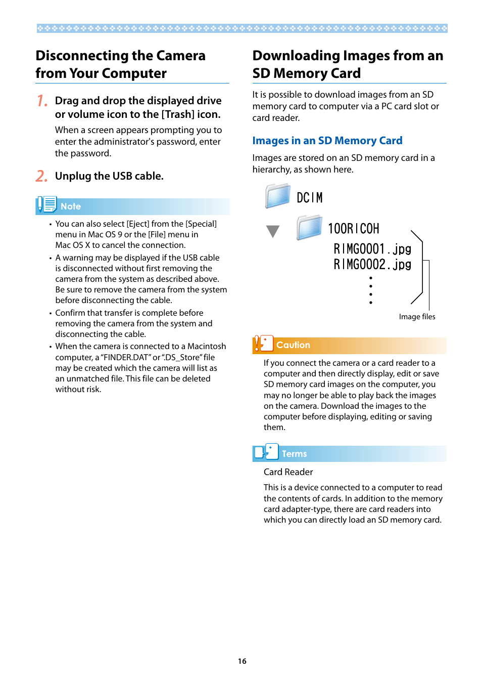 Disconnecting the camera from your computer, Downloading images from an sd memory card, Images in an sd memory card | Ricoh G700SE User Manual | Page 16 / 50