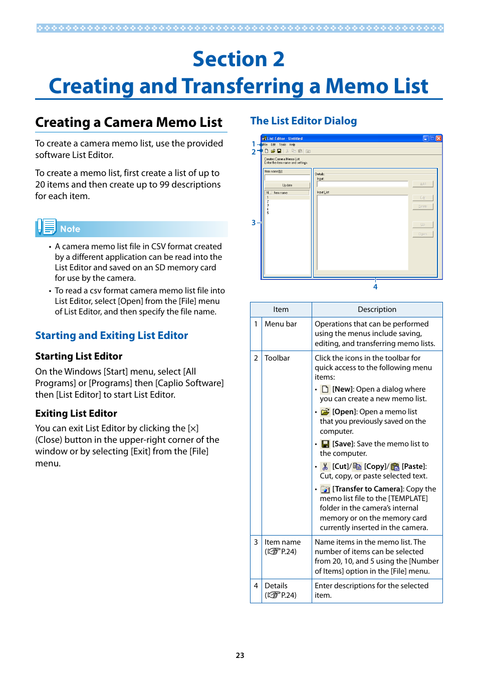 Section 2 creating and transferring a memo list, Creating a camera memo list, Starting and exiting list editor | The list editor dialog, Section 2 creating and transferring a memo, List, G p.), T ( g p.) | Ricoh G700SE User Manual | Page 23 / 50
