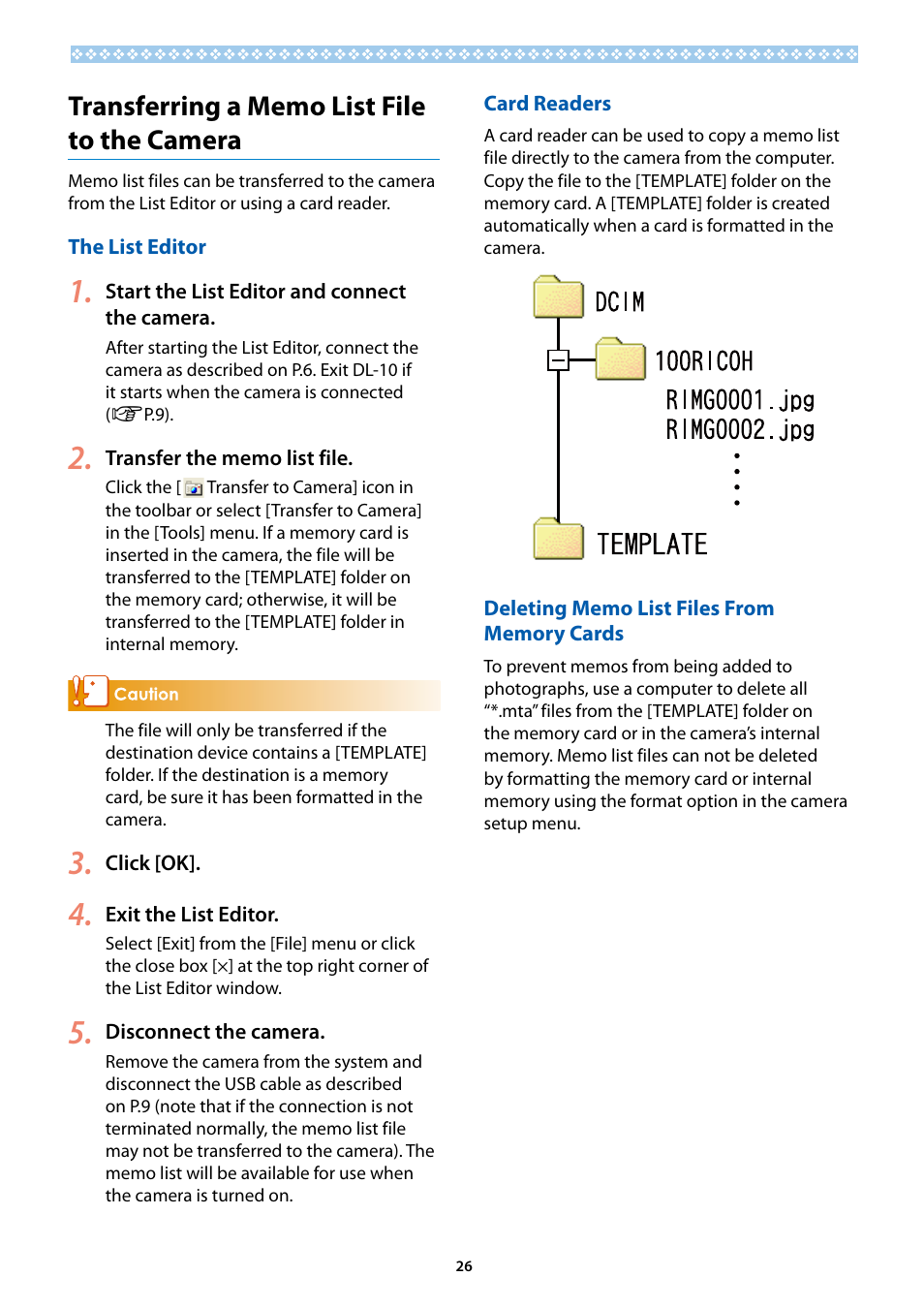 Transferring a memo list file to the camera, The list editor, Card readers | Deleting memo list files from memory cards | Ricoh G700SE User Manual | Page 26 / 50
