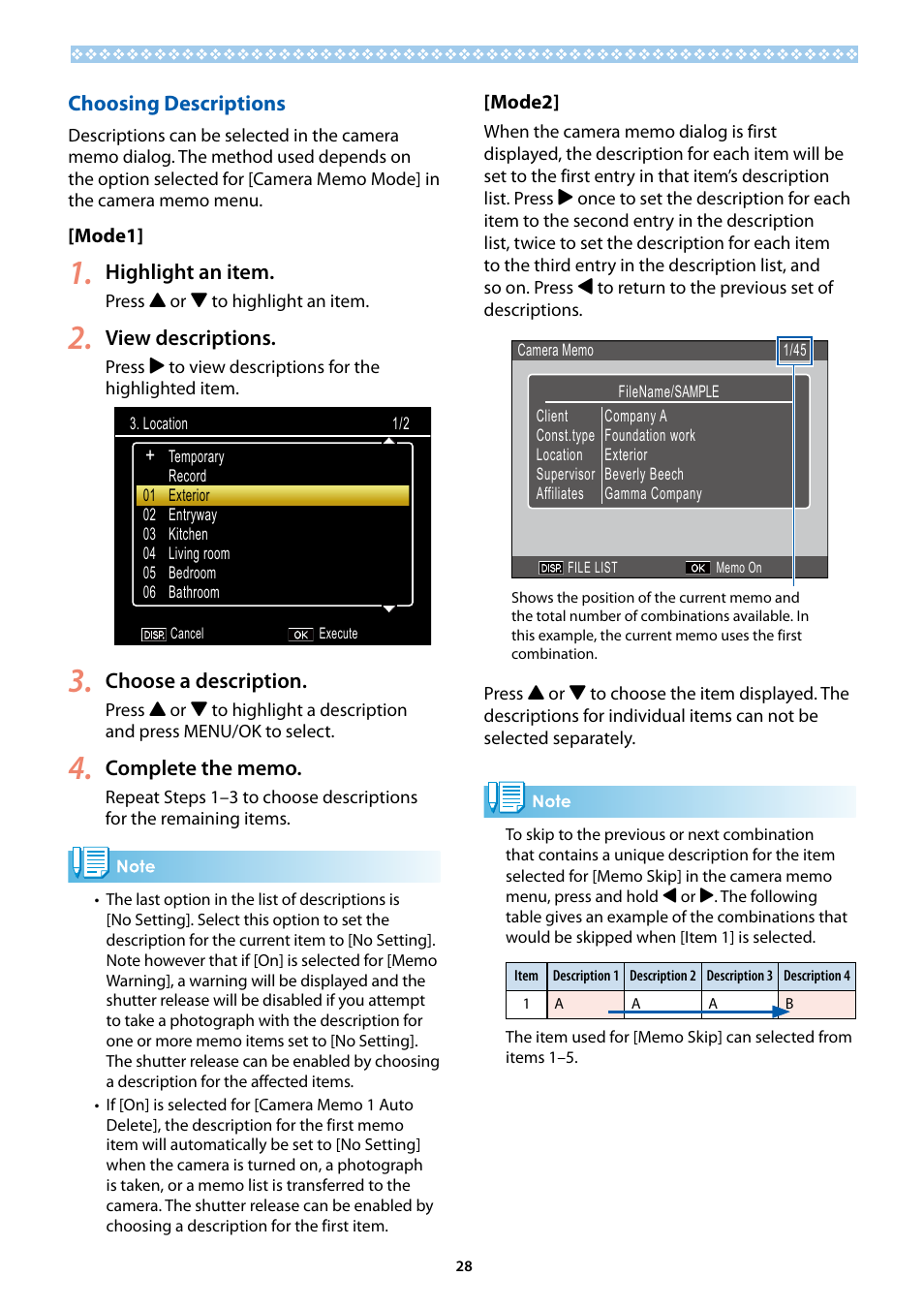 Choosing descriptions, Highlight an item, View descriptions | Choose a description | Ricoh G700SE User Manual | Page 28 / 50