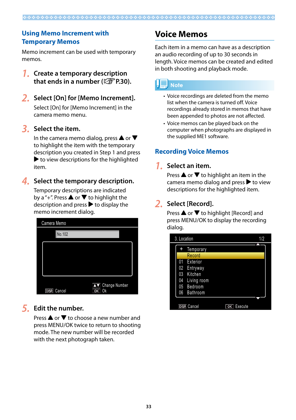 Using memo increment with temporary memos, Voice memos, Recording voice memos | Ricoh G700SE User Manual | Page 33 / 50