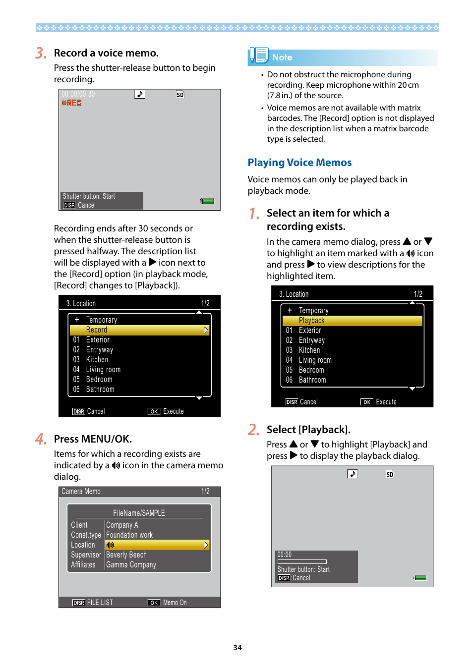 Playing voice memos, Press menu/ok, Select an item for which a recording exists | Select [playback | Ricoh G700SE User Manual | Page 34 / 50