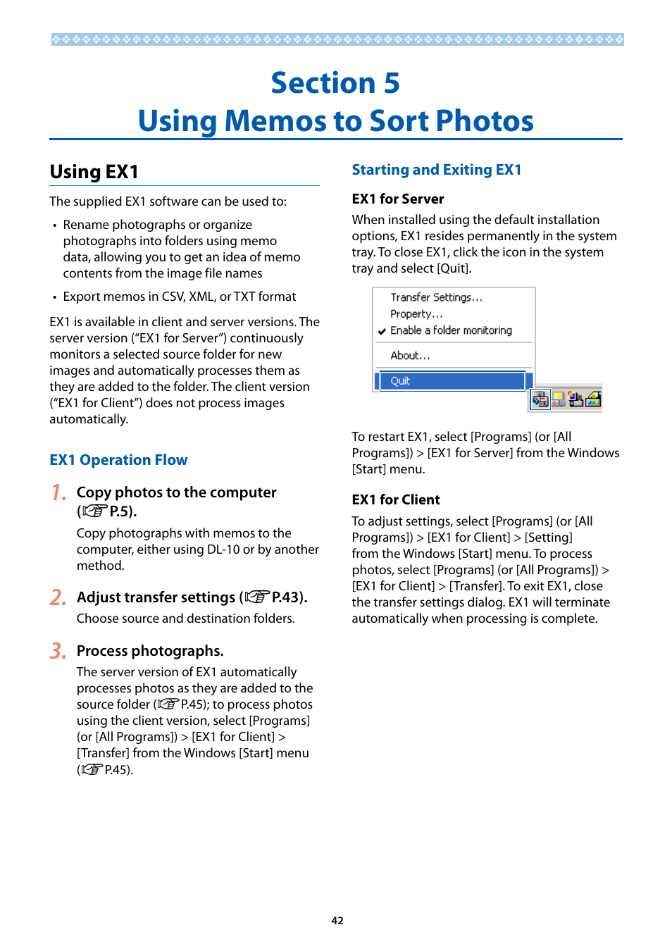 Section 5 using memos to sort photos, Using ex1, Ex1 operation flow | Starting and exiting ex1, Ex1 operation flow starting and exiting ex1 | Ricoh G700SE User Manual | Page 42 / 50