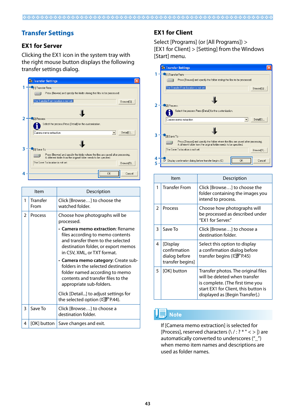 Transfer settings, Er settings ( g p.4), Ex1 for server | Ex1 for client | Ricoh G700SE User Manual | Page 43 / 50
