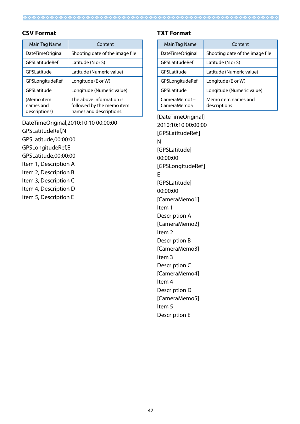 Csv format, Txt format | Ricoh G700SE User Manual | Page 47 / 50