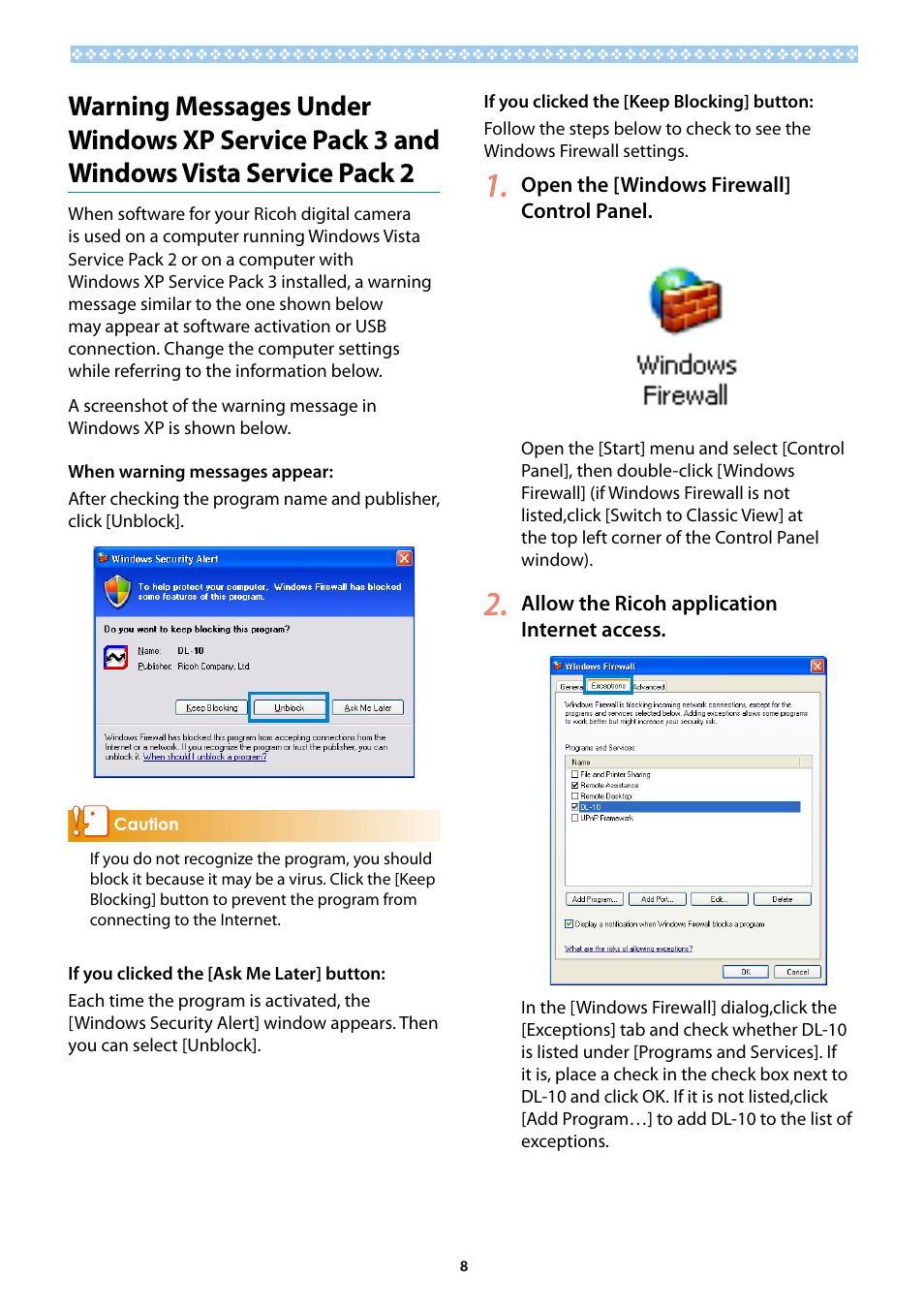 Warning messages under windows xp service, Pack 3 and windows vista service pack 2 | Ricoh G700SE User Manual | Page 8 / 50