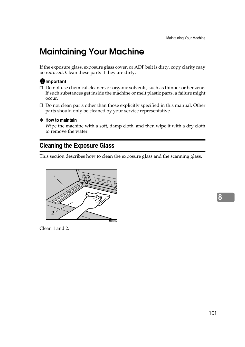 Maintaining your machine, Cleaning the exposure glass, 8maintaining your machine | Ricoh Aficio IS 2425 User Manual | Page 109 / 114