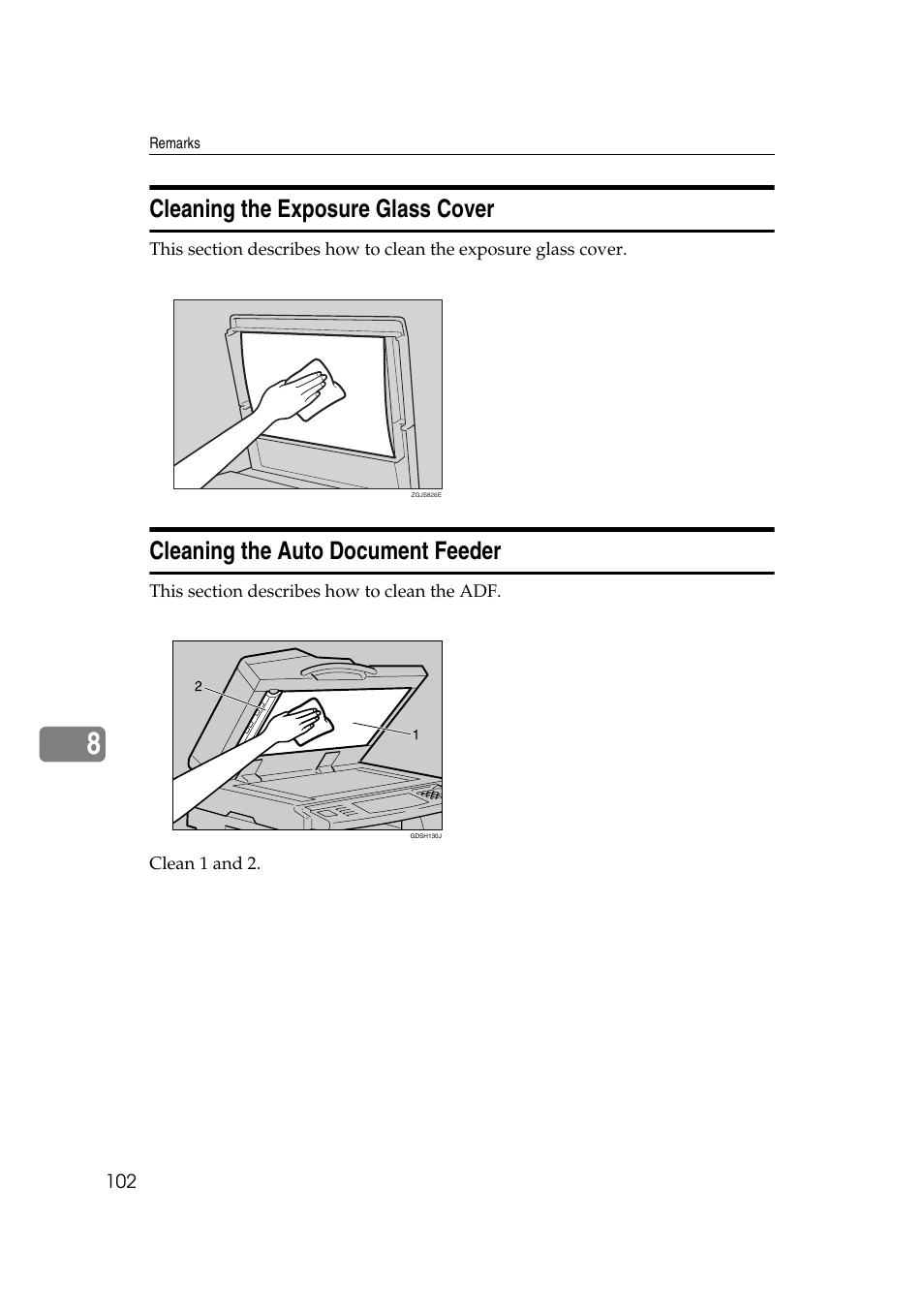 Cleaning the exposure glass cover, Cleaning the auto document feeder | Ricoh Aficio IS 2425 User Manual | Page 110 / 114