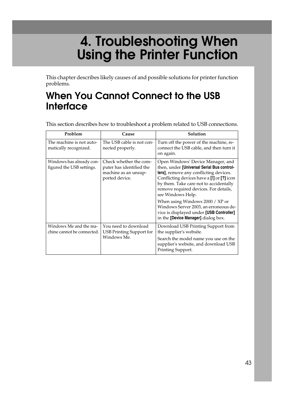  troubleshooting when using the printer function, When you cannot connect to the usb interface, Troubleshooting when using the printer function | Ricoh Aficio IS 2425 User Manual | Page 51 / 114