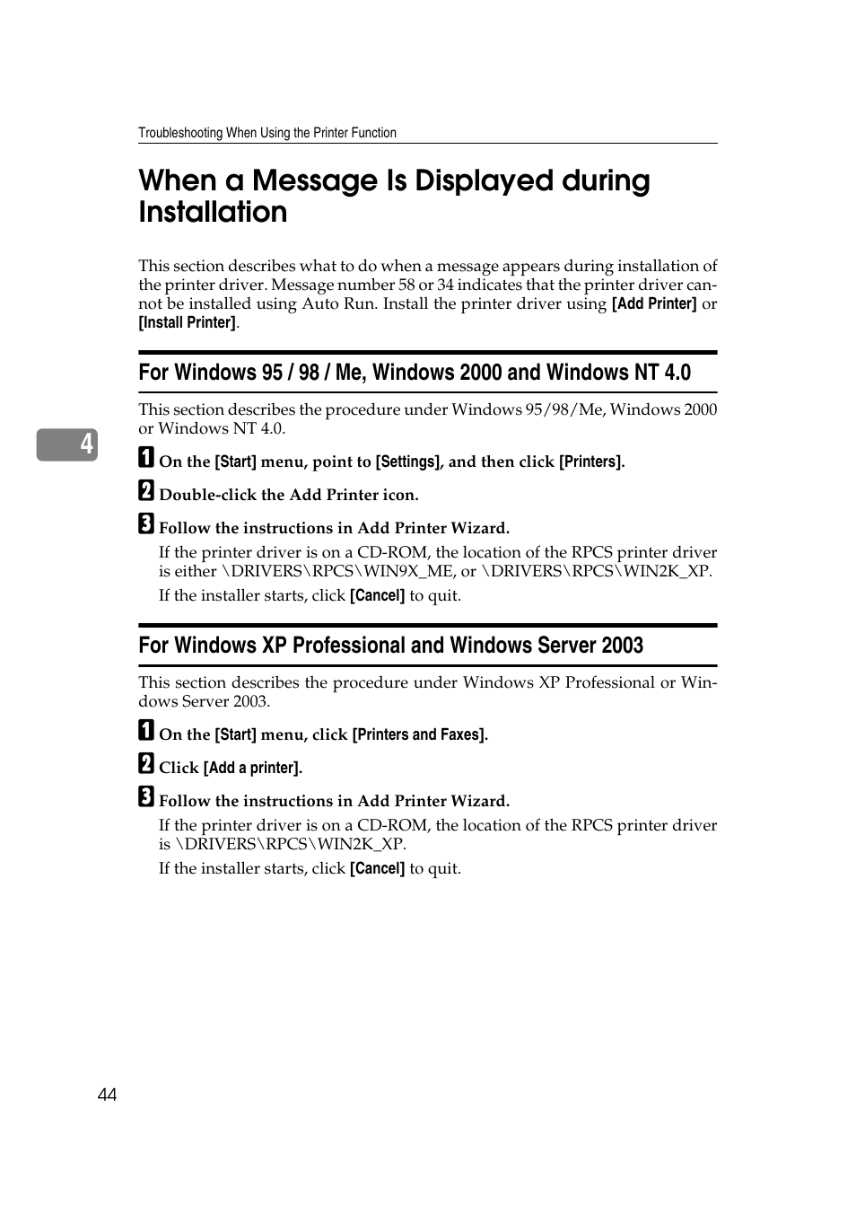 When a message is displayed during installation, 4when a message is displayed during installation | Ricoh Aficio IS 2425 User Manual | Page 52 / 114