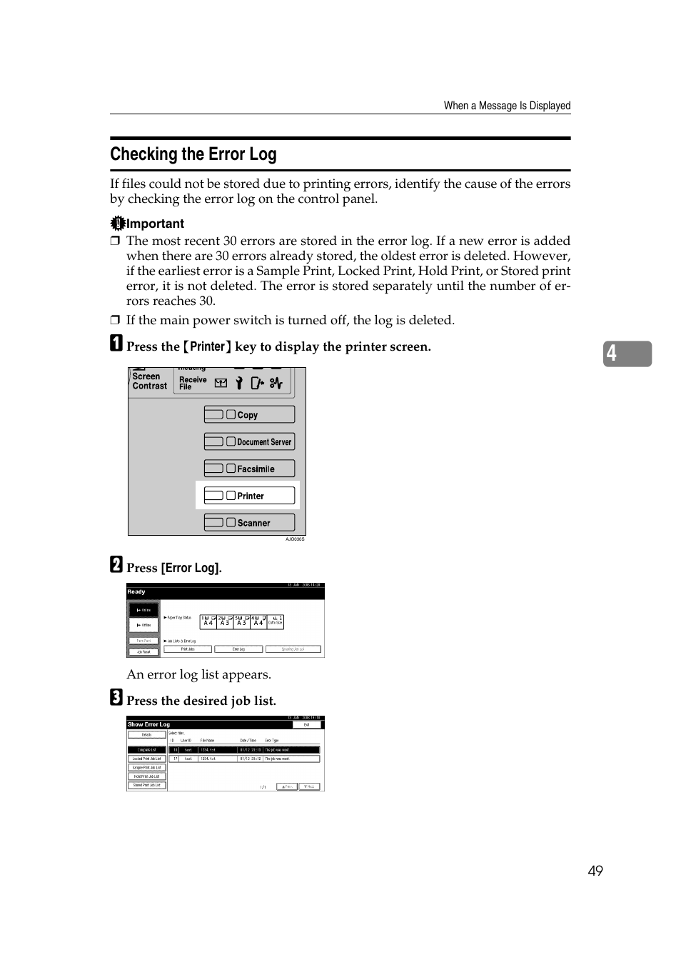 Checking the error log | Ricoh Aficio IS 2425 User Manual | Page 57 / 114