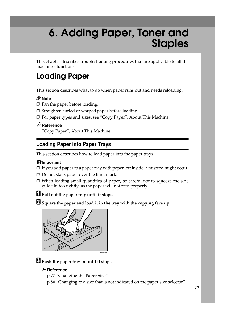  adding paper, toner and staples, Loading paper, Loading paper into paper trays | Adding paper, toner and staples, E p.73 “loading pa- per, See p.73 “loading pa- per | Ricoh Aficio IS 2425 User Manual | Page 81 / 114