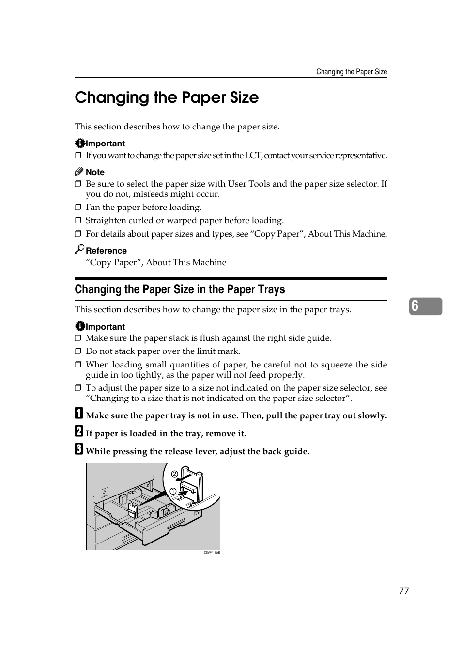 Changing the paper size, Changing the paper size in the paper trays, See p.77 “changing the pa- per size | See p.77 “changing the paper size, 6changing the paper size | Ricoh Aficio IS 2425 User Manual | Page 85 / 114