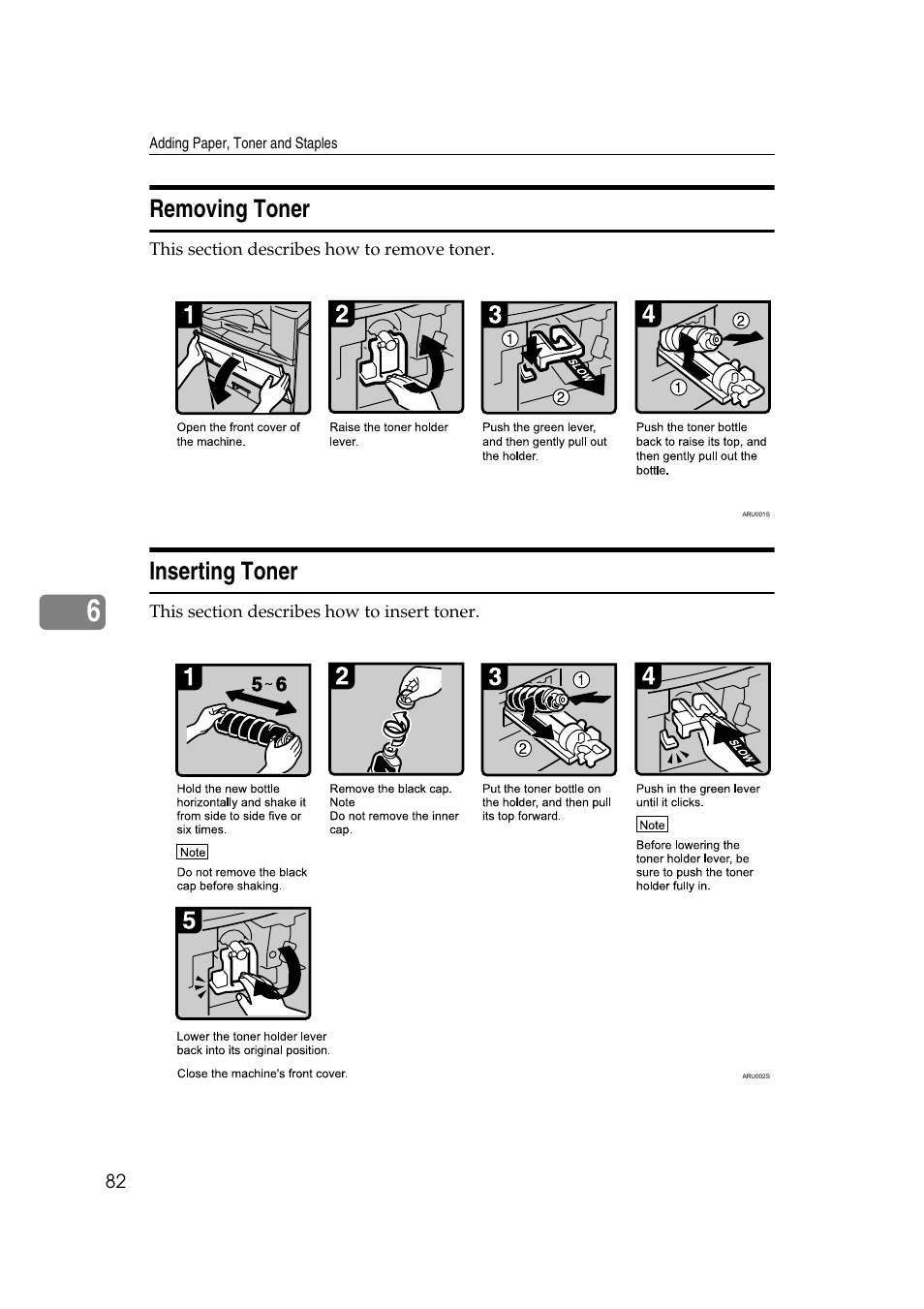 Removing toner, Inserting toner, Removing toner inserting toner | Ricoh Aficio IS 2425 User Manual | Page 90 / 114