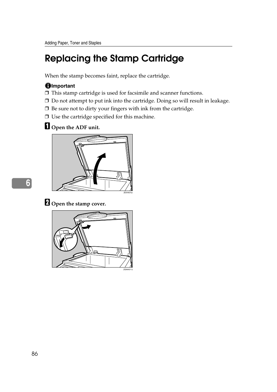 Replacing the stamp cartridge, 6replacing the stamp cartridge | Ricoh Aficio IS 2425 User Manual | Page 94 / 114