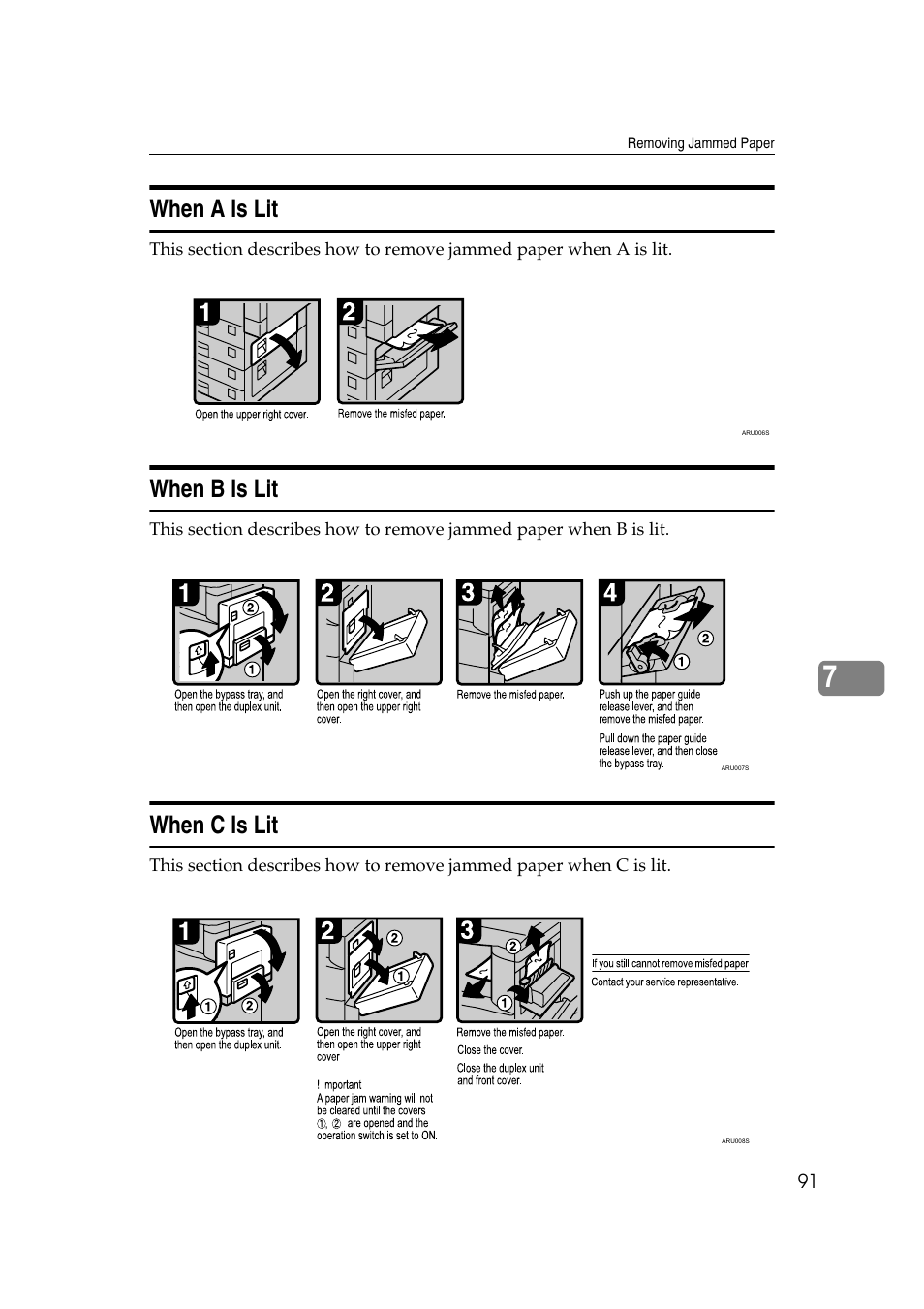 When a is lit, When b is lit, When c is lit | When a is lit when b is lit when c is lit | Ricoh Aficio IS 2425 User Manual | Page 99 / 114