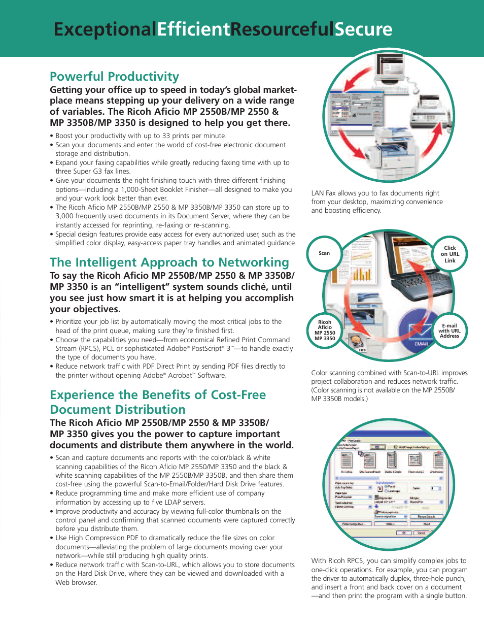 Exceptional efficient resourceful secure, Powerful productivity, The intelligent approach to networking | Ricoh MP 3350B User Manual | Page 3 / 6