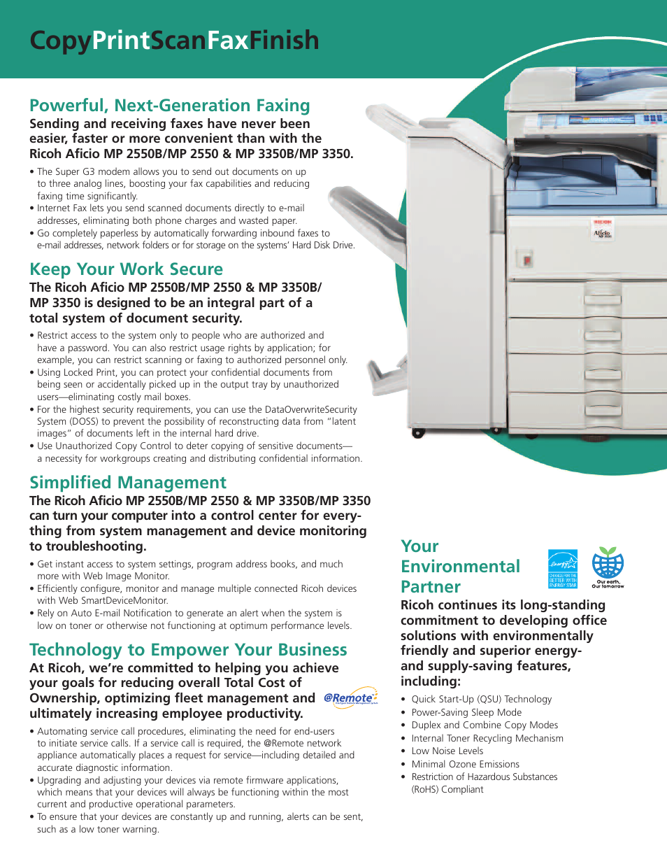 Copy print scan fax finish, Your environmental partner, Powerful, next-generation faxing | Keep your work secure, Simplified management, Technology to empower your business | Ricoh MP 3350B User Manual | Page 4 / 6