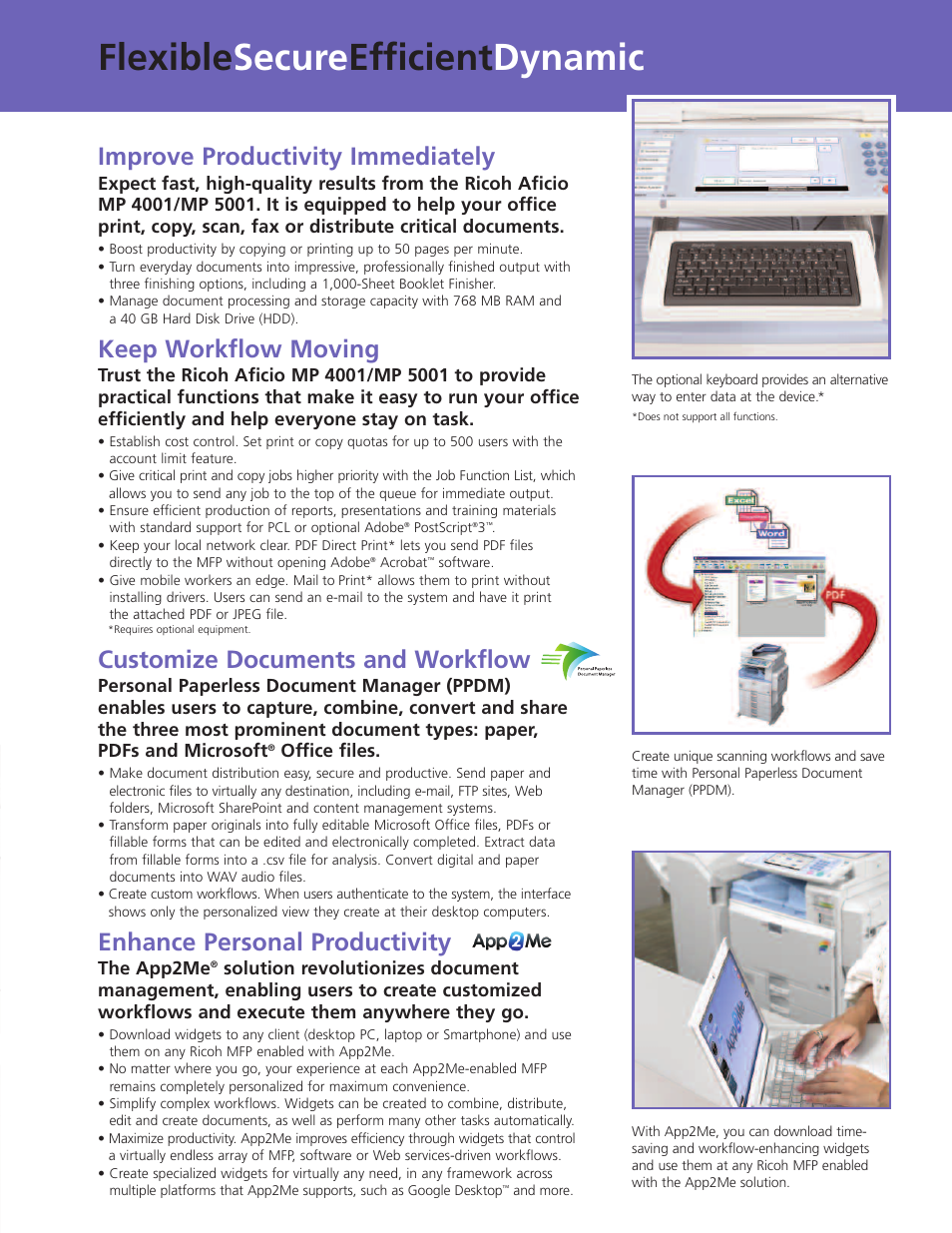 Flexible secure efficient dynamic, Improve productivity immediately, Keep workflow moving | Customize documents and workflow, Enhance personal productivity | Ricoh MP 4001 User Manual | Page 3 / 6