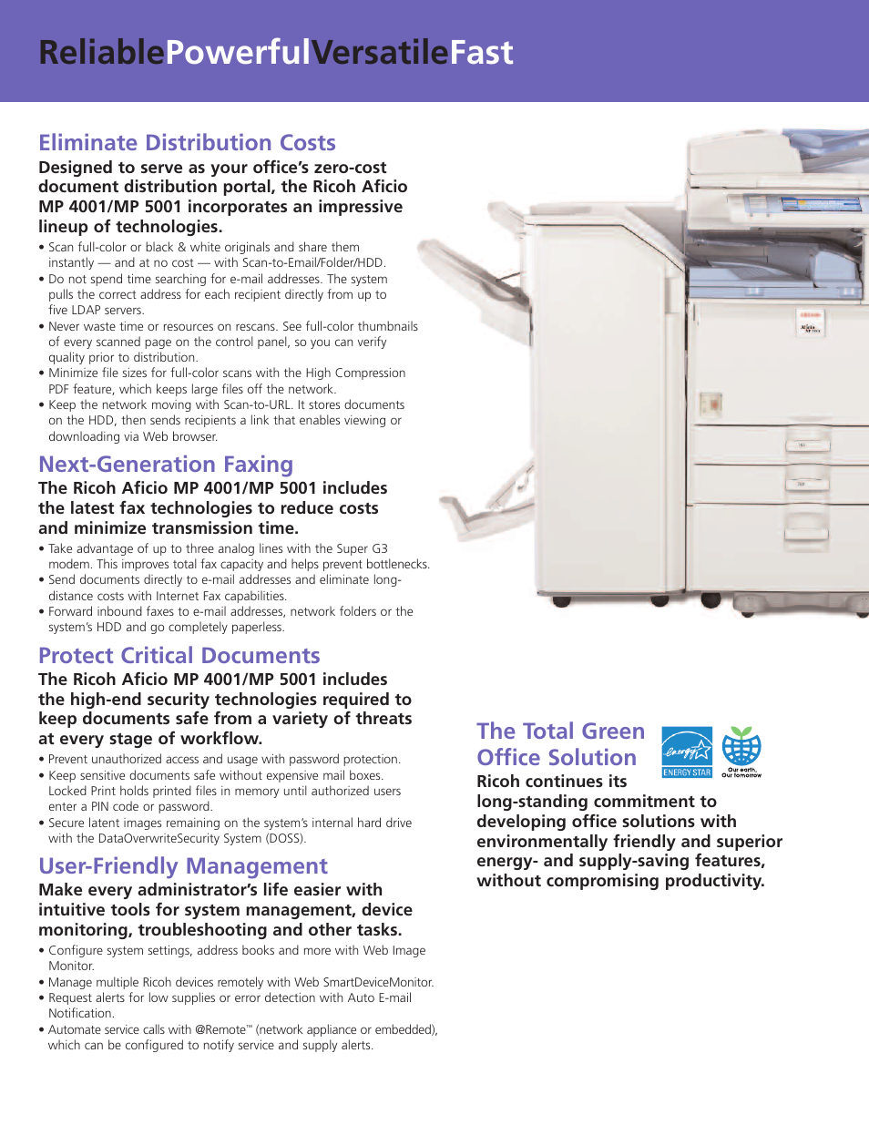 Reliable powerful versatile fast, Eliminate distribution costs, Next-generation faxing | Protect critical documents, User-friendly management, The total green office solution | Ricoh MP 4001 User Manual | Page 4 / 6