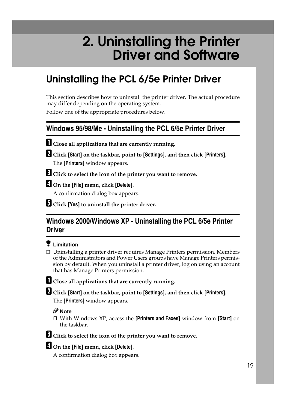 Uninstalling the printer driver and software, Uninstalling the pcl 6/5e printer driver | Ricoh AP2610N User Manual | Page 121 / 472