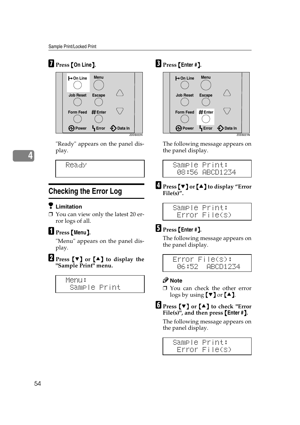 Checking the error log, Ready menu: sample print | Ricoh AP2610N User Manual | Page 156 / 472