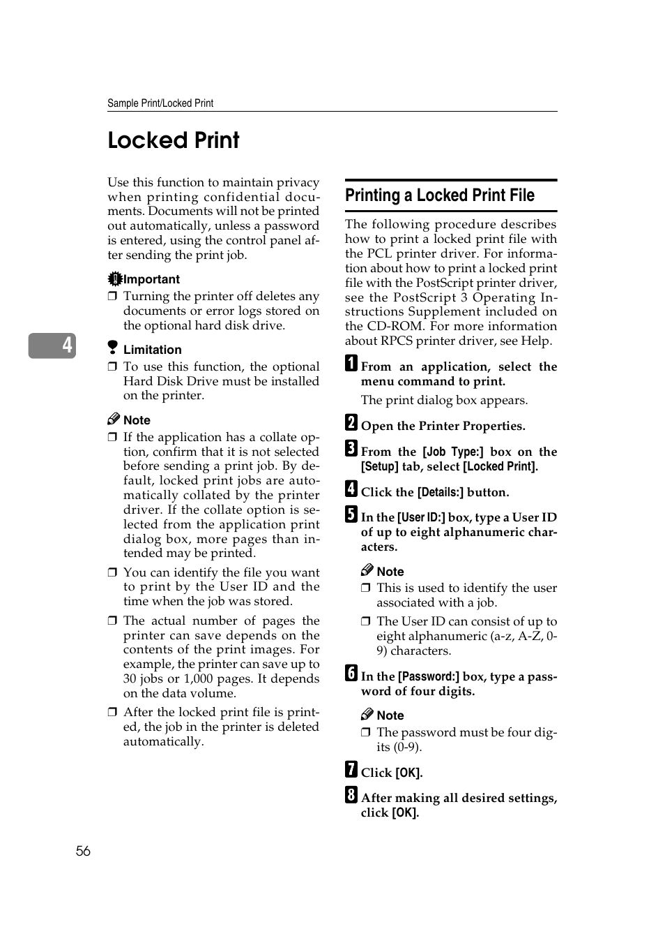 Locked print, Printing a locked print file, 4locked print | Ricoh AP2610N User Manual | Page 158 / 472