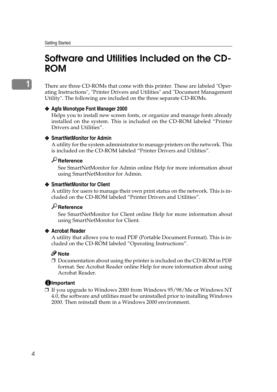 Software and utilities included on the cd- rom, Setup, Software and utilities included on the cd-rom | 1software and utilities included on the cd- rom | Ricoh AP2610N User Manual | Page 18 / 472