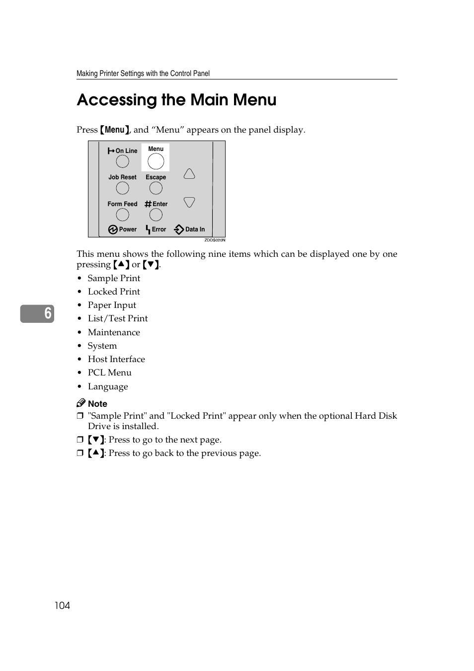 Accessing the main menu, 6accessing the main menu | Ricoh AP2610N User Manual | Page 206 / 472