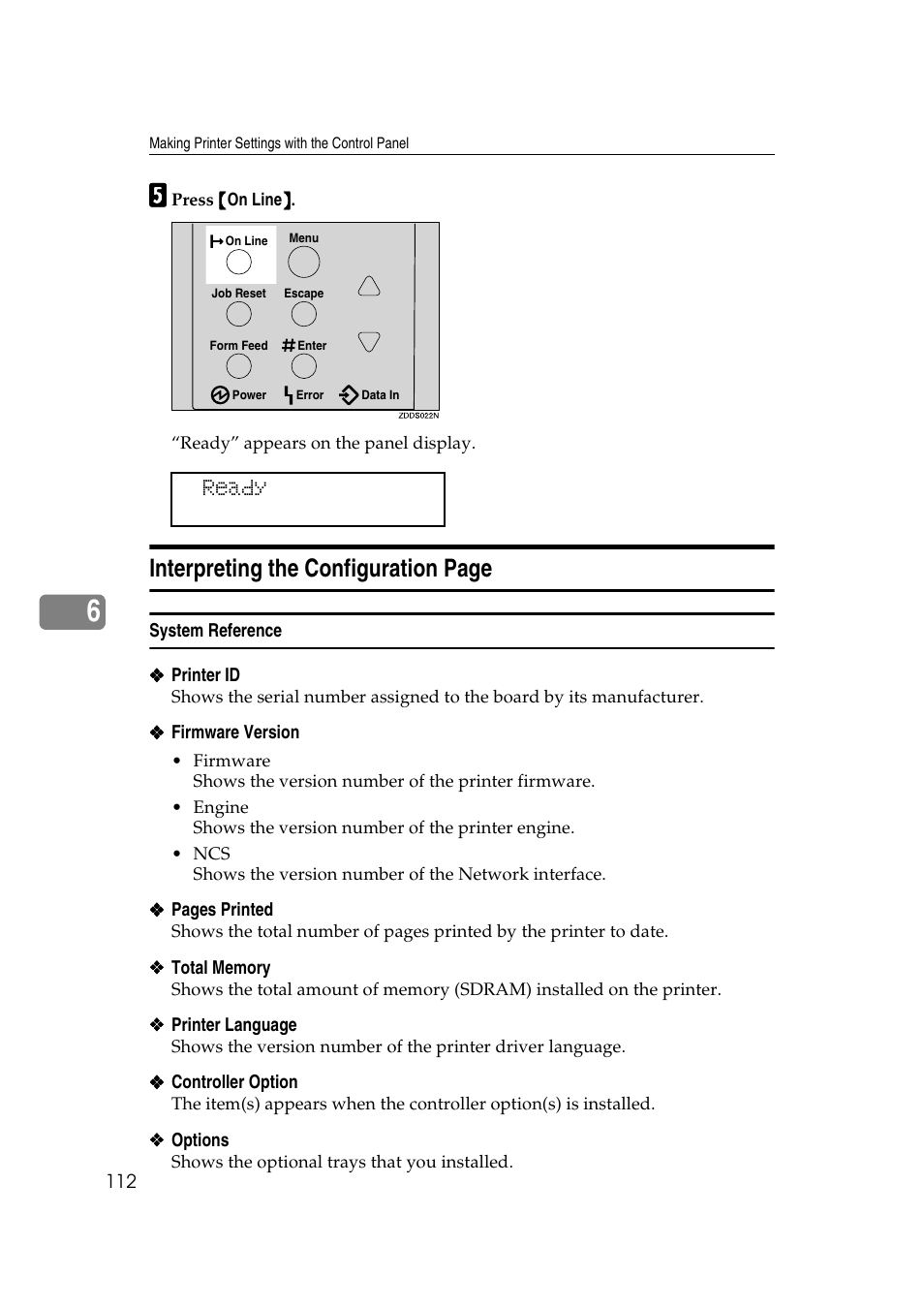 Interpreting the configuration page, Ready | Ricoh AP2610N User Manual | Page 214 / 472