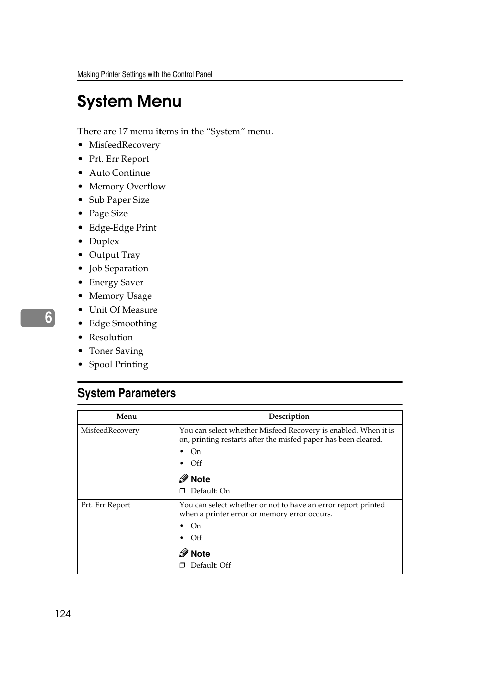 System menu, System parameters, 6system menu | Ricoh AP2610N User Manual | Page 226 / 472