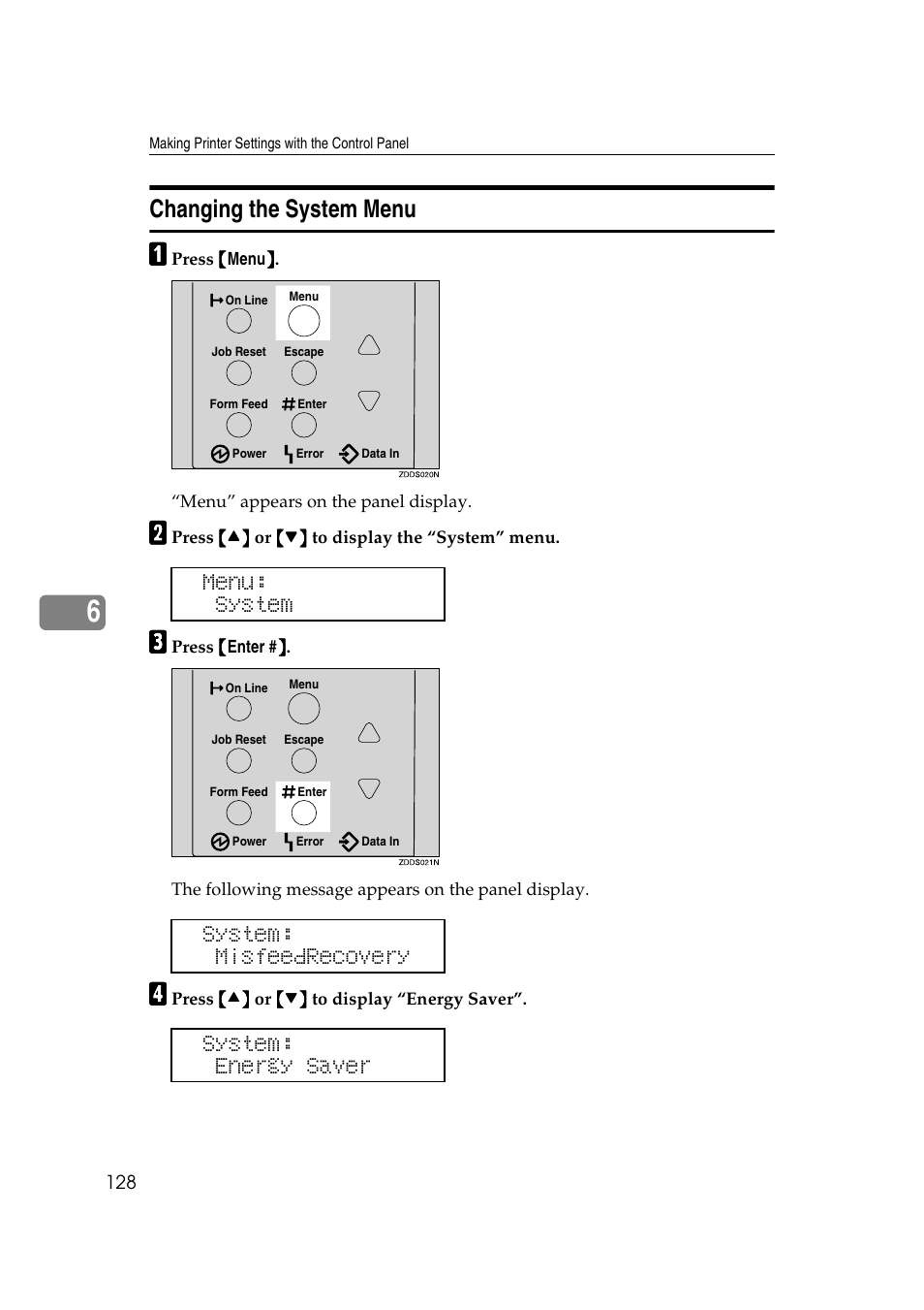Changing the system menu, Menu: system, System: misfeedrecovery system: energy saver | Ricoh AP2610N User Manual | Page 230 / 472