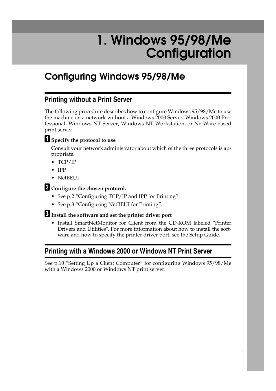 Windows 95/98/me configuration, Configuring windows 95/98/me, Printing without a print server | Ricoh AP2610N User Manual | Page 291 / 472