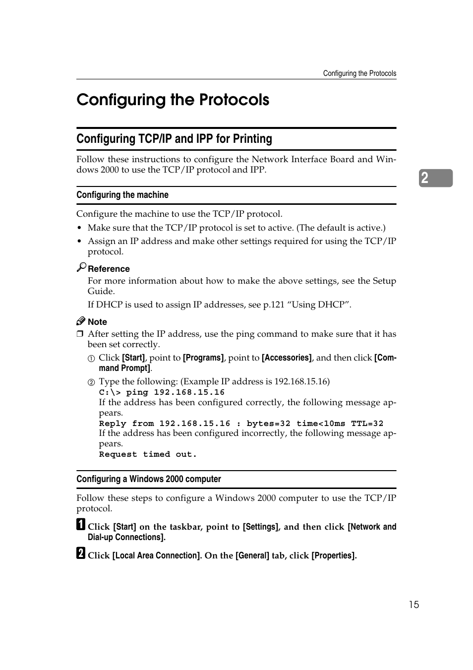 Configuring the protocols, Configuring tcp/ip and ipp for printing, 2configuring the protocols | Ricoh AP2610N User Manual | Page 305 / 472