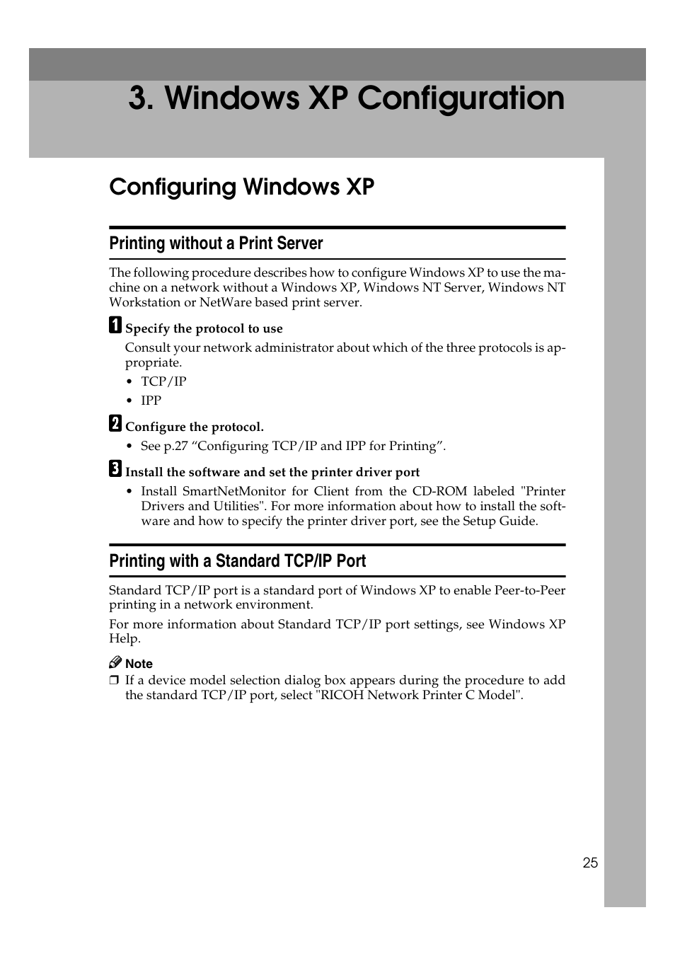 Windows xp configuration, Configuring windows xp, Printing without a print server | Printing with a standard tcp/ip port | Ricoh AP2610N User Manual | Page 315 / 472