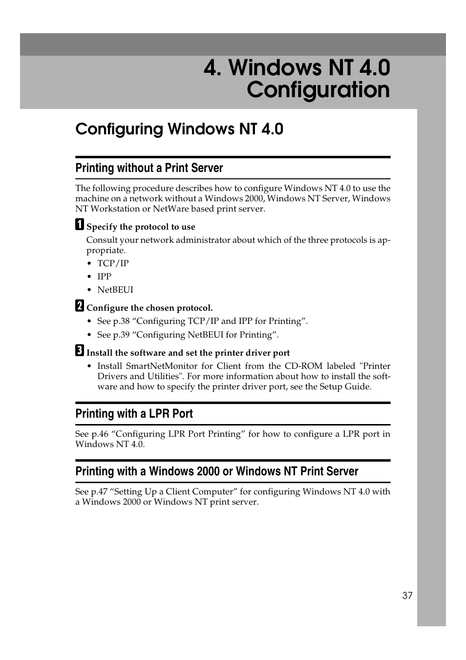 Windows nt 4.0 configuration, Configuring windows nt 4.0, Printing without a print server | Printing with a lpr port | Ricoh AP2610N User Manual | Page 327 / 472