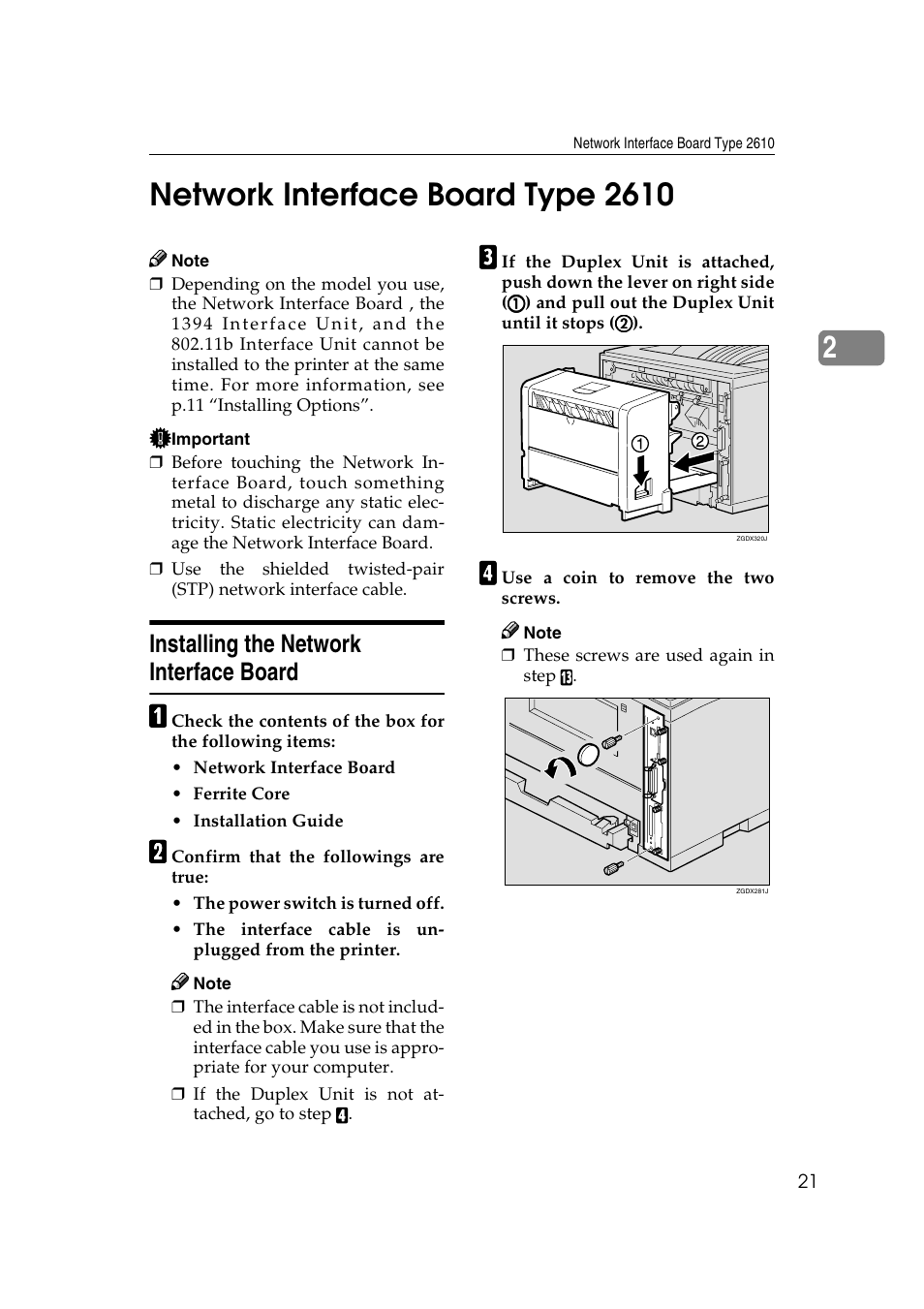 Network interface board type 2610, Installing the network interface board | Ricoh AP2610N User Manual | Page 35 / 472