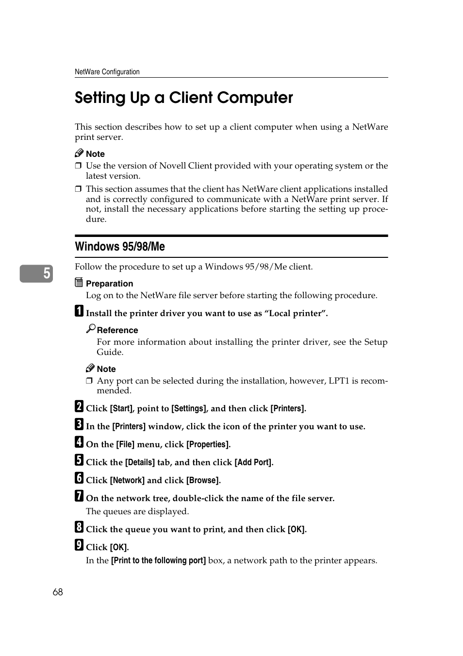 Setting up a client computer, Windows 95/98/me, 5setting up a client computer | Ricoh AP2610N User Manual | Page 358 / 472